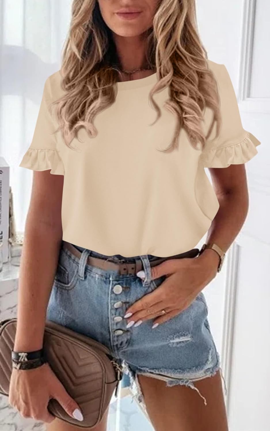 PRETTYGARDEN Women's Short Sleeve Casual T Shirts Summer Ruffle Plain Round Neck Loose Fit Tee Blouse Tops - Image 2