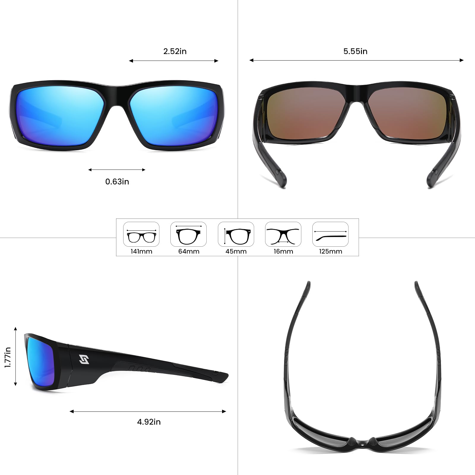 SHES Polarized Sports Sunglasses for Men Women Sun Glasses Fishing Driving Running Cycling UV400 Protection TR90 Frame SH2310 (Black Frame Mirrored Blue Lens)