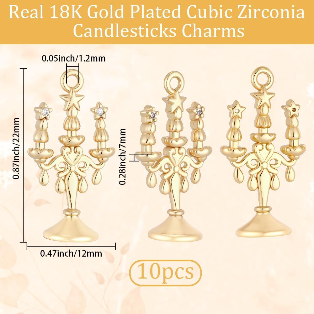 Beebeecraft 10Pcs Candlestick Charms Real 18K Gold Plated Brass with Cubic Zirconia Star Medieval Castle Fairytale Themed Charm for Jewelry Making Bracelet Pendant Necklace DIY Crafts