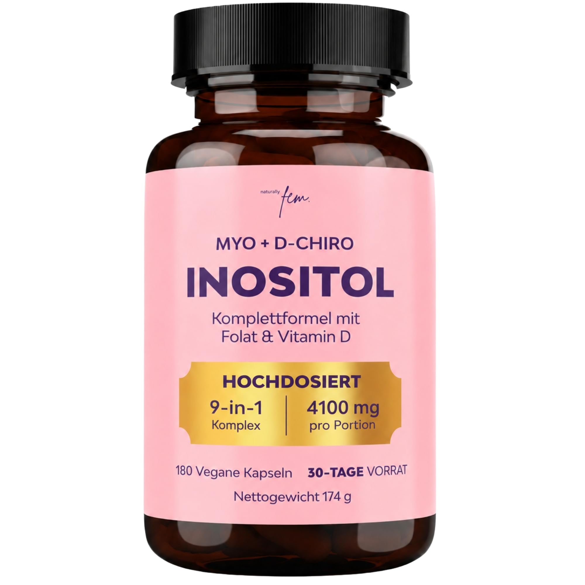 Myo Inositol & D Chiro Inositol Komplex 4100 mg – 9-in-1 mit aktivem Folat (5-MTHF), Chrom, Zink, Vit. B6, B12 & D3 – Vegan & ohne Zusätze – 180 Inositol Kapseln