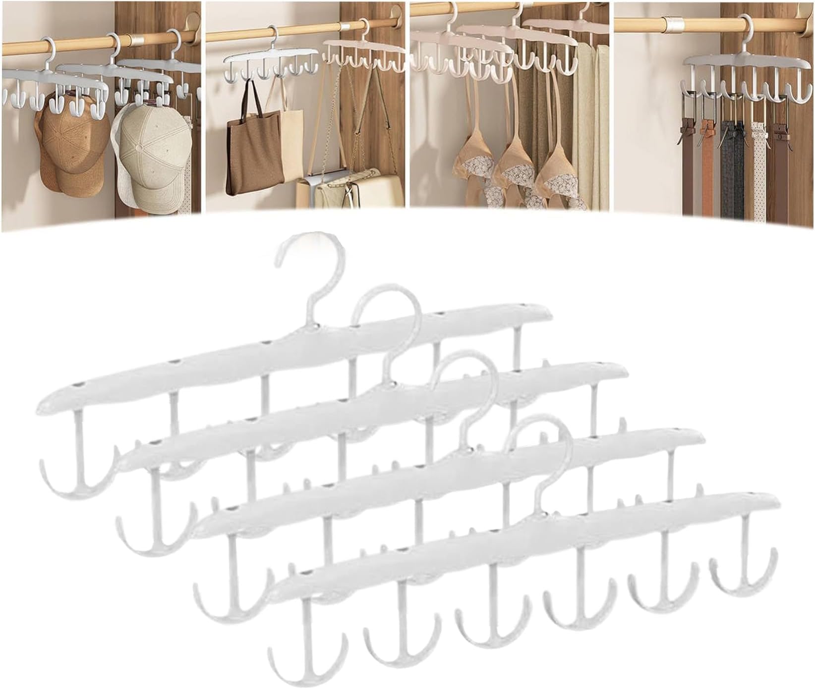 Multifunctional Plastic Clothes Hanger, 4 Pcs 360° Rotating 6 Hook Clothing Accessories Hanger, Hangers Space Saving, Hanger Organizer for Underwear, Hats, Handbags, Clothing Accessories, White