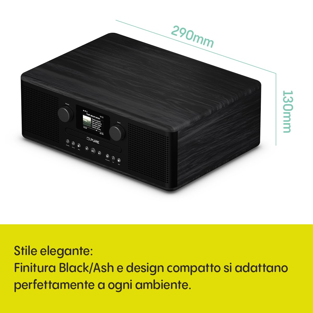 Pure Classic C-D6i Radio Internet All-in-One WiFi DAB+/FM Bluetooth 5.3 Lettore CD USB AUX Audio Stereo 2x15W Display Colori Sveglia Sleep Timer Nero