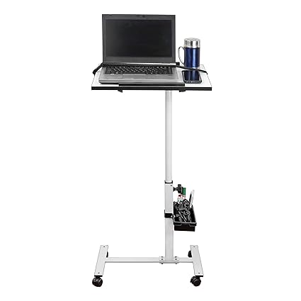 Isomars Standing Table Multipurpose Laptop Table Study Desk, Lockable Wheels, & Adjustable Height and Angle for Breakfast Table, WFH & Online Classes Sit Stand Table (White)