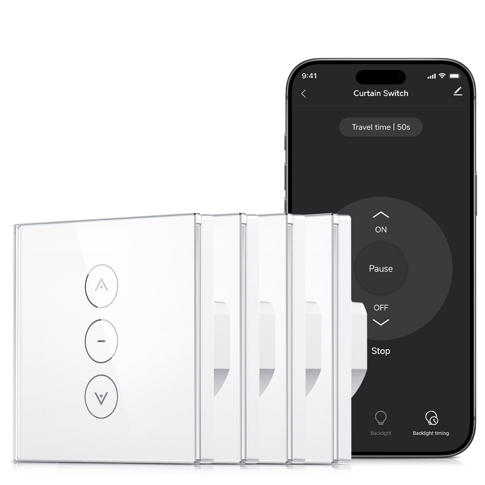Interrupteur Connecté WiFi Volet Roulant Verre Tactile [Fil Neutre] | Commutateur Intelligent Pour Rideau Compatible Alexa & Google Home, Minuterie Programmable, Commande Vocale & App, 4 Pack