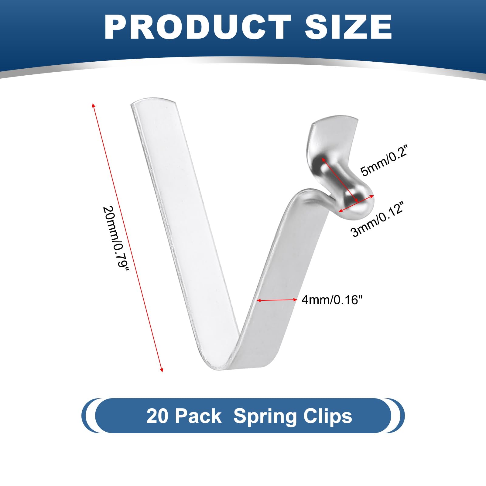 PATIKIL 5 x 3mm Kayak Paddle Snaps, 20 Pack Tent Pole Clips Steel V Shaped Single Pin Push Button Spring Clips Lock Tube Pole Clips for Camping Awning, Silver Tone, 20mm Long