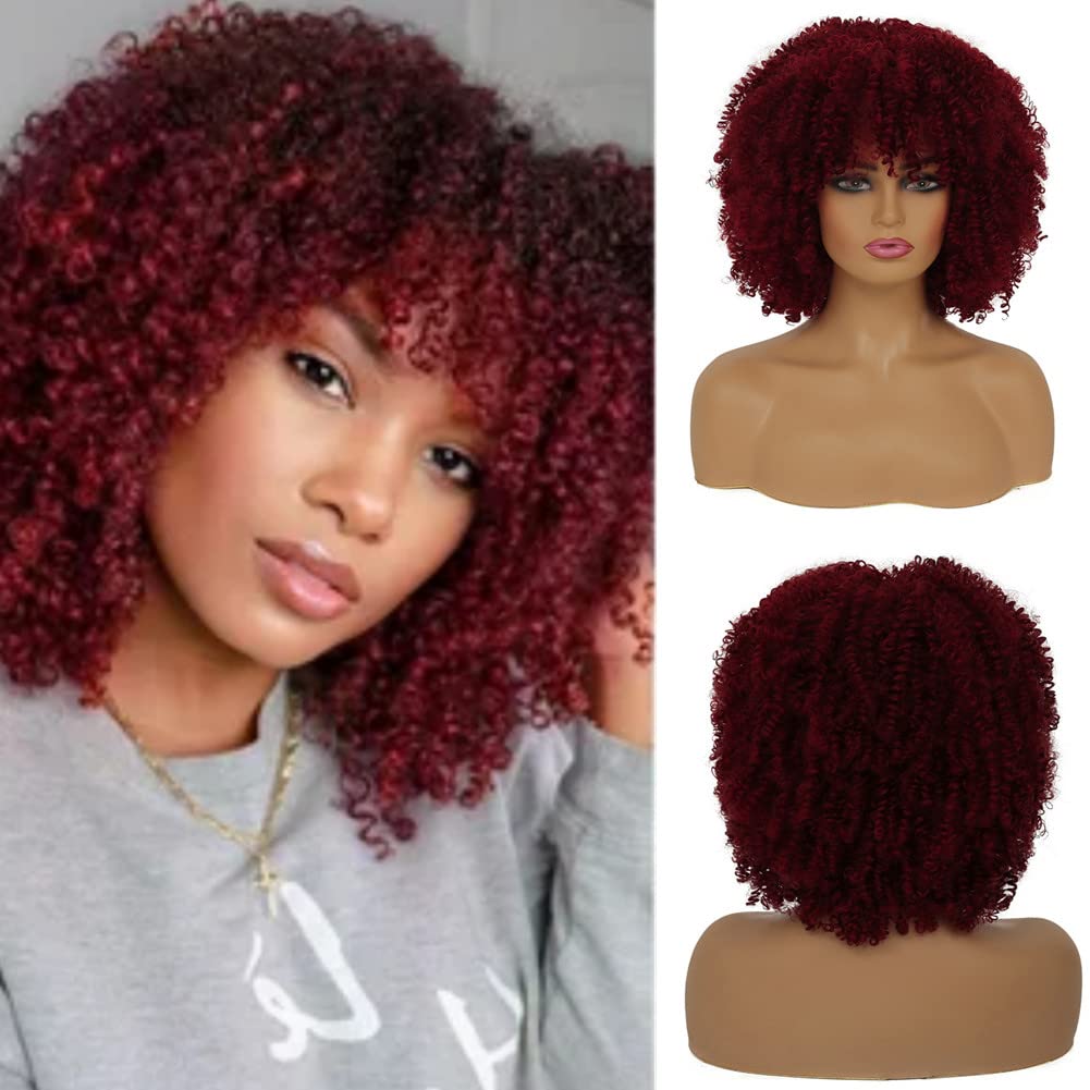 Dai Cloud Short Wine Red Curly with Bangs Afro Fluffy Wigs for Black Women Natural Looking Synthetic Heat Resistant Kinky Wig for Daily Party
