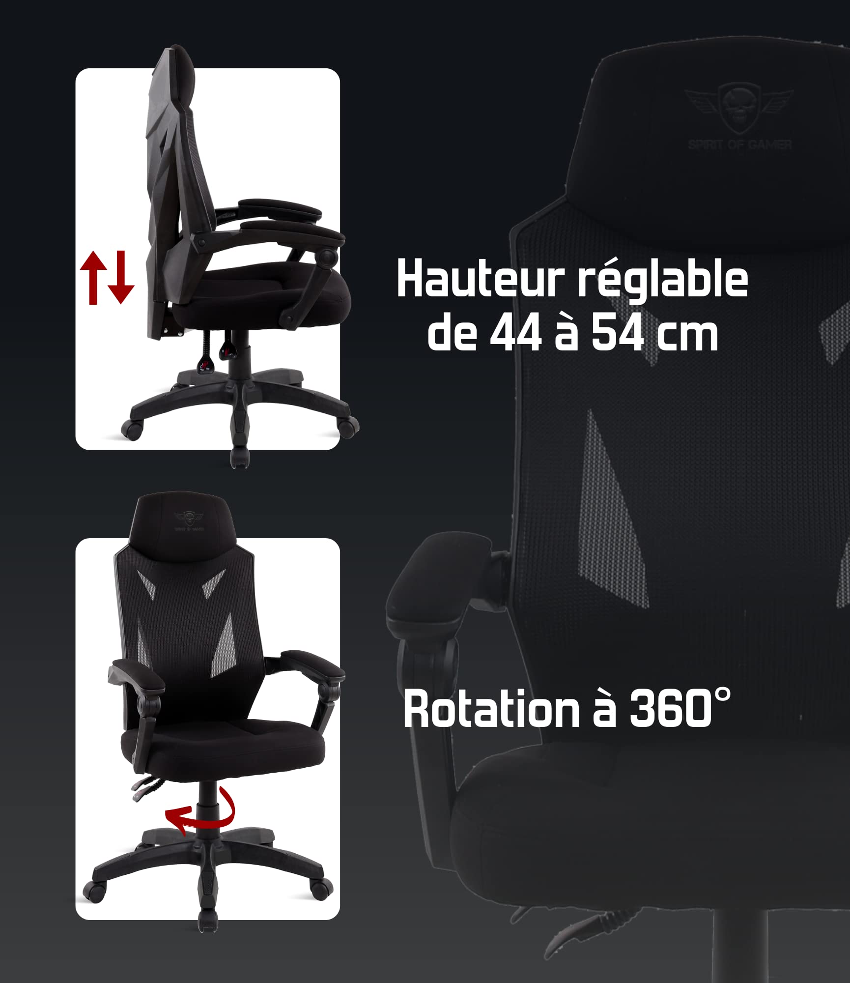 Spirit Of Gamer, Chaise Gaming Ergonomique en Tissu Respirant, Siege de Bureau Confortable avec Appui-Tête et accoudoirs Rembourrés, Fauteuil Gamer avec Inclinable de 90° à 135°, Hauteur Ajustable