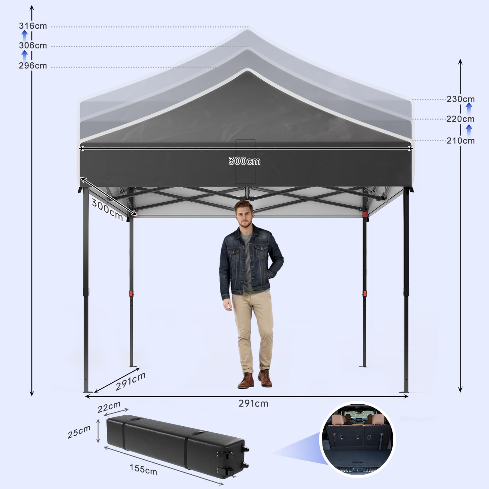 JUMMICO 3x3m Schwerlast-Faltpavillon für Extremes Wetter｜Spitzdach & 110g silberbeschichtetes Oxford｜Verstärkte Klettfixierung｜Mehr Stauraum & Stabilität
