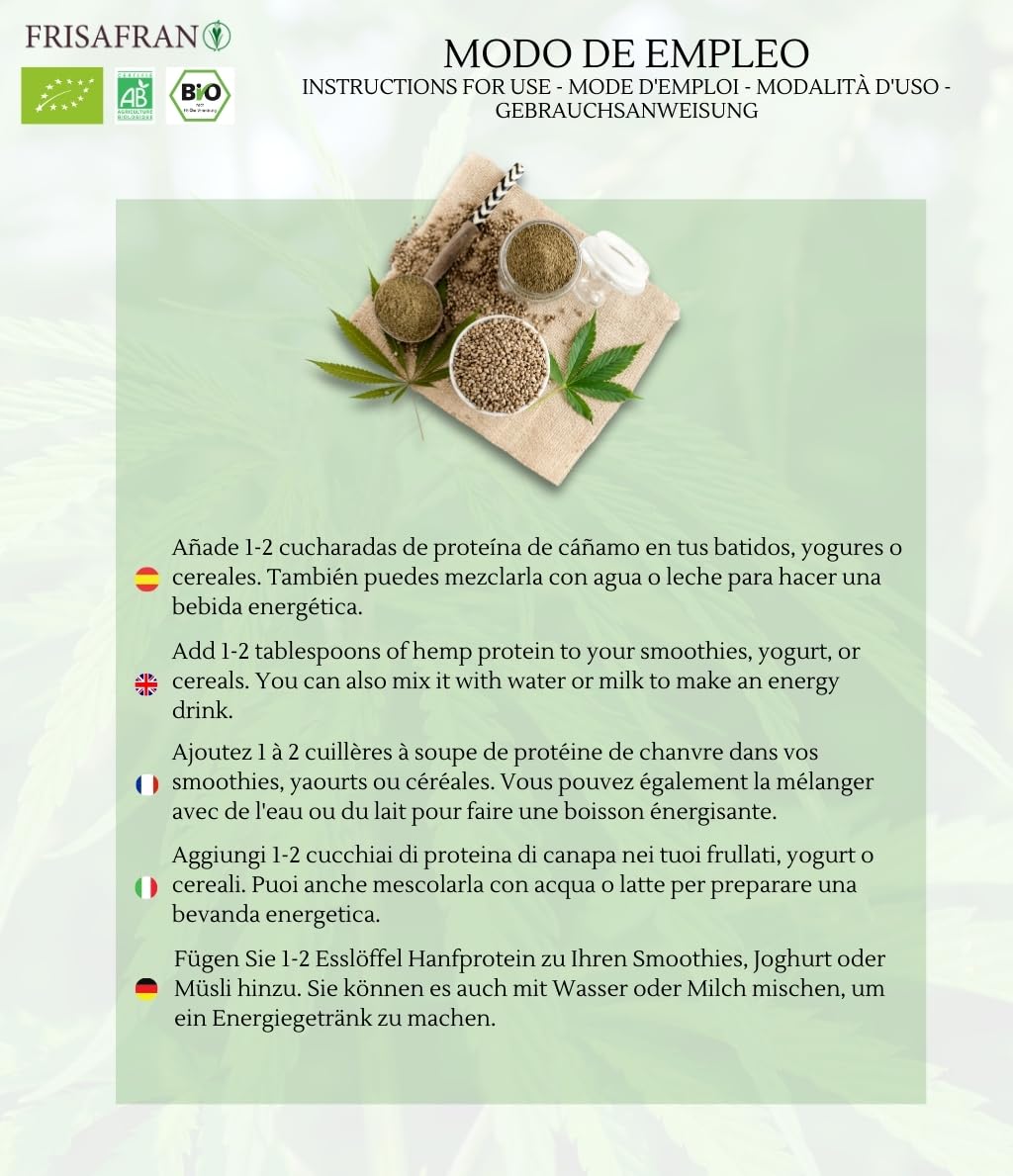 FRISAFRAN | Proteine ​​della Canapa in Polvere Bio 500g | Proteine ​​Vegetali-Grezza | Canapa macinata | Supercibo | Omega 3 | vegano | Senza glutine-additivi | polvere proteica | Salato | piselli
