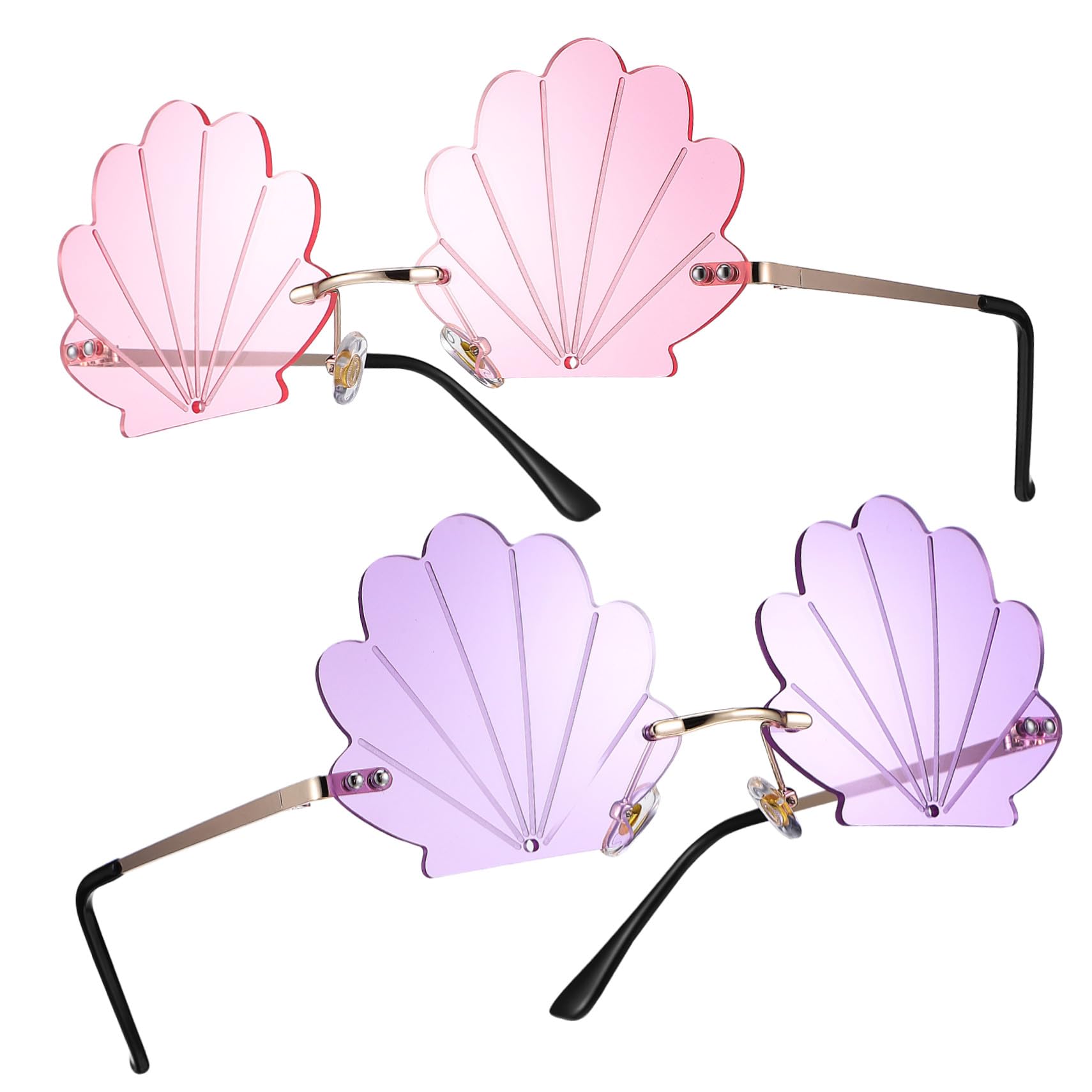 Lot De 2 Lunettes De Soleil Photo Coquillage Sans Monture Métal Et Polycarbonate, Verres Rose Et Violet, Accessoires Fête Pour Femmes, Format 13,9 x 13,8 Cm, Style