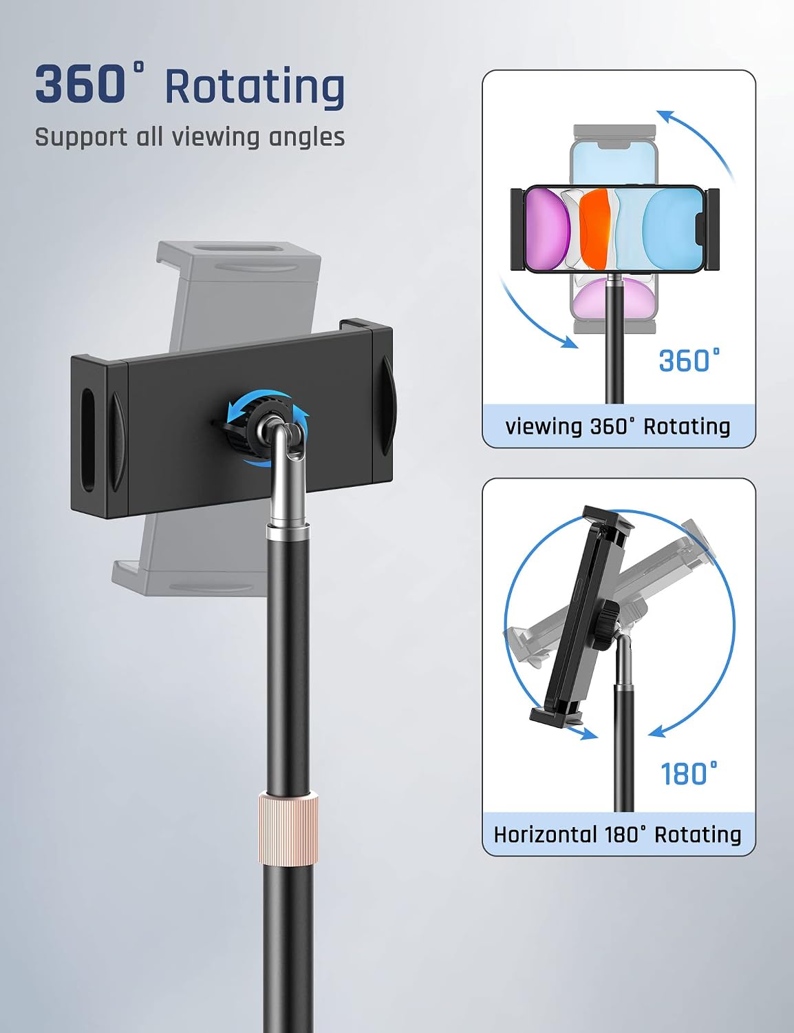 Klsniur Tablet Stand Holder, Adjustable Height Tablet & Phone Stand for Desk, 360° Rotating Aluminum Metal Tablet Stand Mount Compatible for iPad Pro Air Mini, iPhone, Samsung, Kindle (4.7"-12.9")