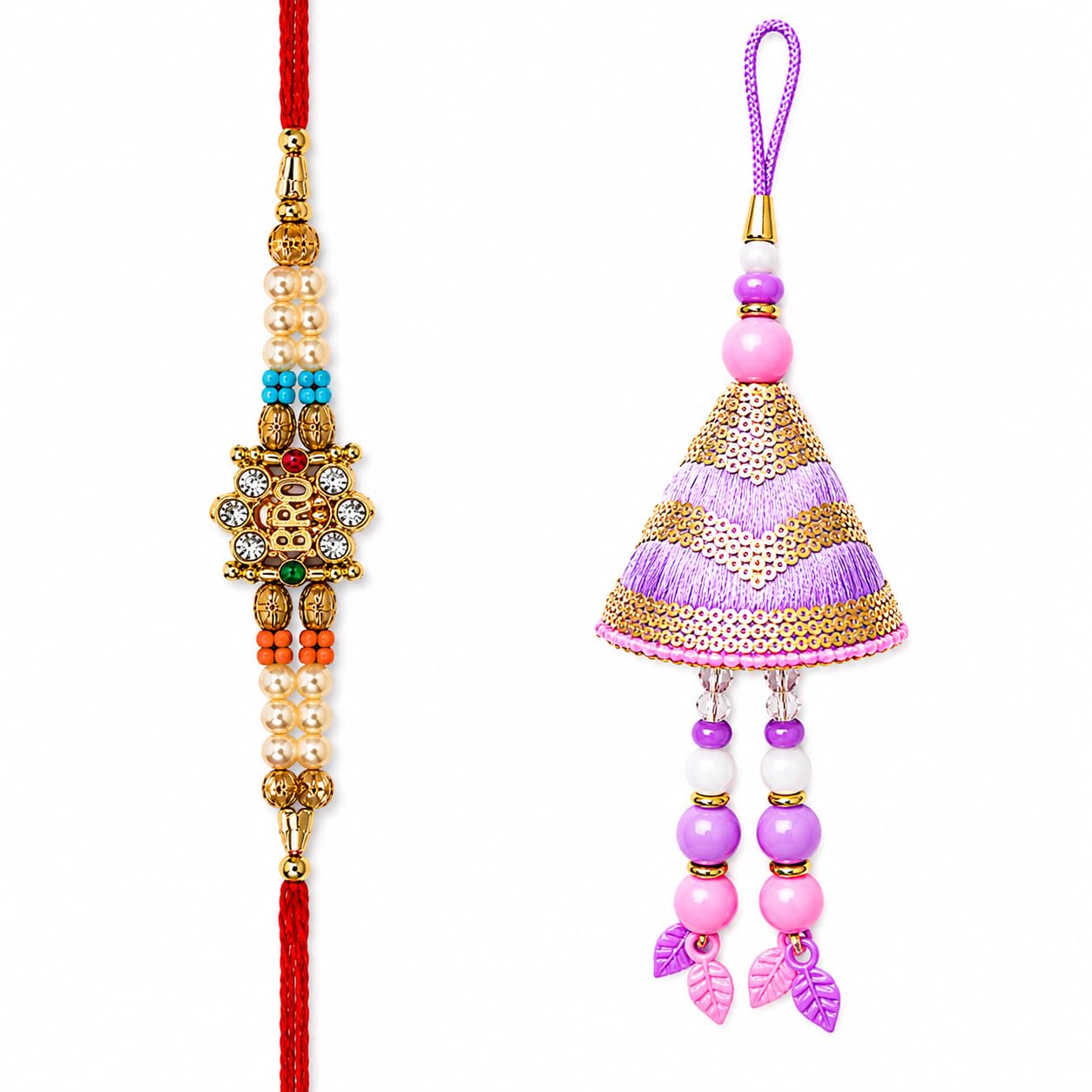 Designer Bhai Bhabhi Rakhi Lumba (Lavendar Latkan) Set Multicolor Kundan | Premium Handmade Raksha Bandhan Thread With Tilak & Akshat for Brother & Sister-in -Law | Traditional Ethnic Combo for Newly Weds Couple-image-32