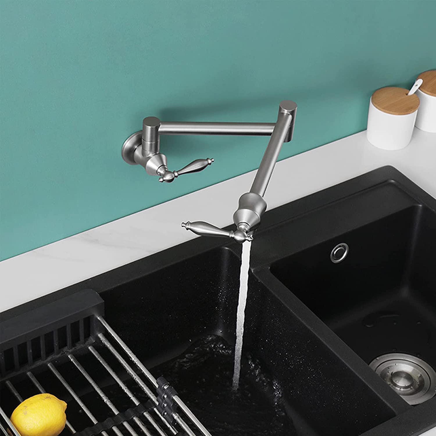 Rubinetto per pentole in ottone, rubinetto per riempimento pentole per montaggio a parete, rubinetto da cucina in ottone estensibile per montaggio a parete commerciale con doppi bracci oscillanti a