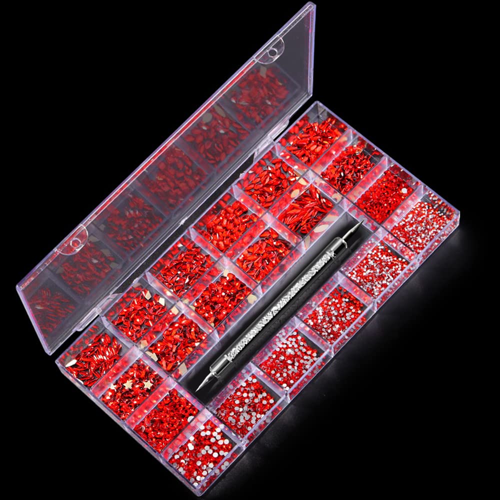 Kit di 3100 strass per unghie con cristalli e cristalli AB, con diamanti 3D, con penna per trapano, cristalli per unghie non Hotfix, decorazione per unghie (rosso)