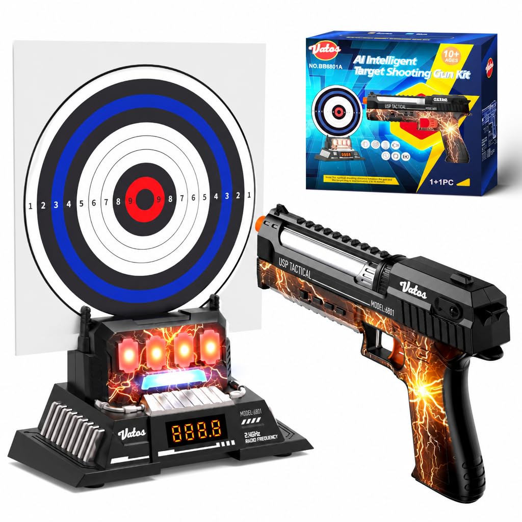 VATOS Smart Electronic Shooting Game Set with Auto-Scoring Target Base and Rechargeable Toy, Real-Time Voice Feedback, 4 Shooting Modes, Indoor Outdoor Toy for Teens Adults Family Party