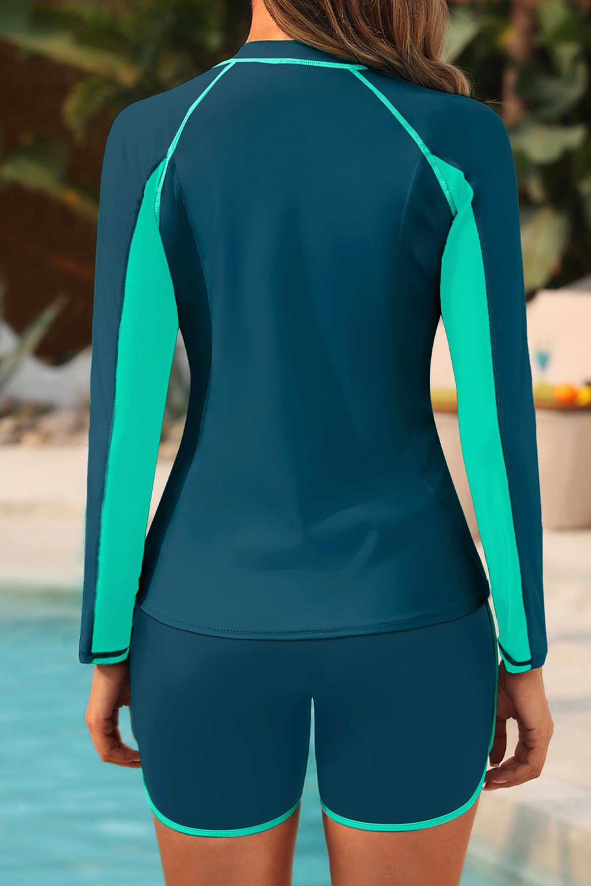 Damen 3-teiliger Rashguard – langärmeliger Badeanzug mit integriertem BH, Schwimmshirt, Reißverschluss, Badeanzug mit Tasche