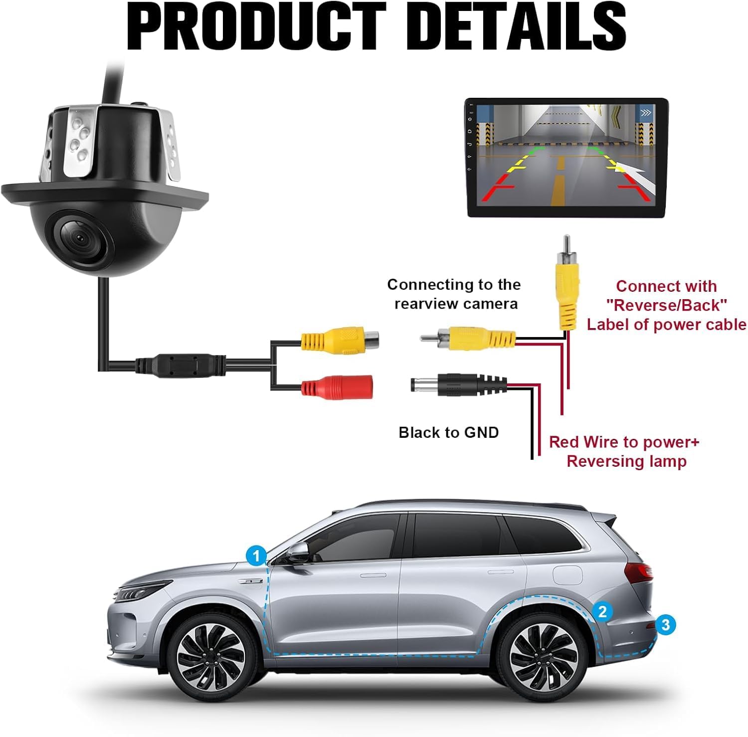 Cámara de Visión Trasera para Coche, 170° Gran Angular Impermeable IP68, Lente HD con Visión Nocturna y Líneas de Aparcamiento, Asistente de Marcha Atrás Universal para Bus/RV/Camión/Remolque — view 5