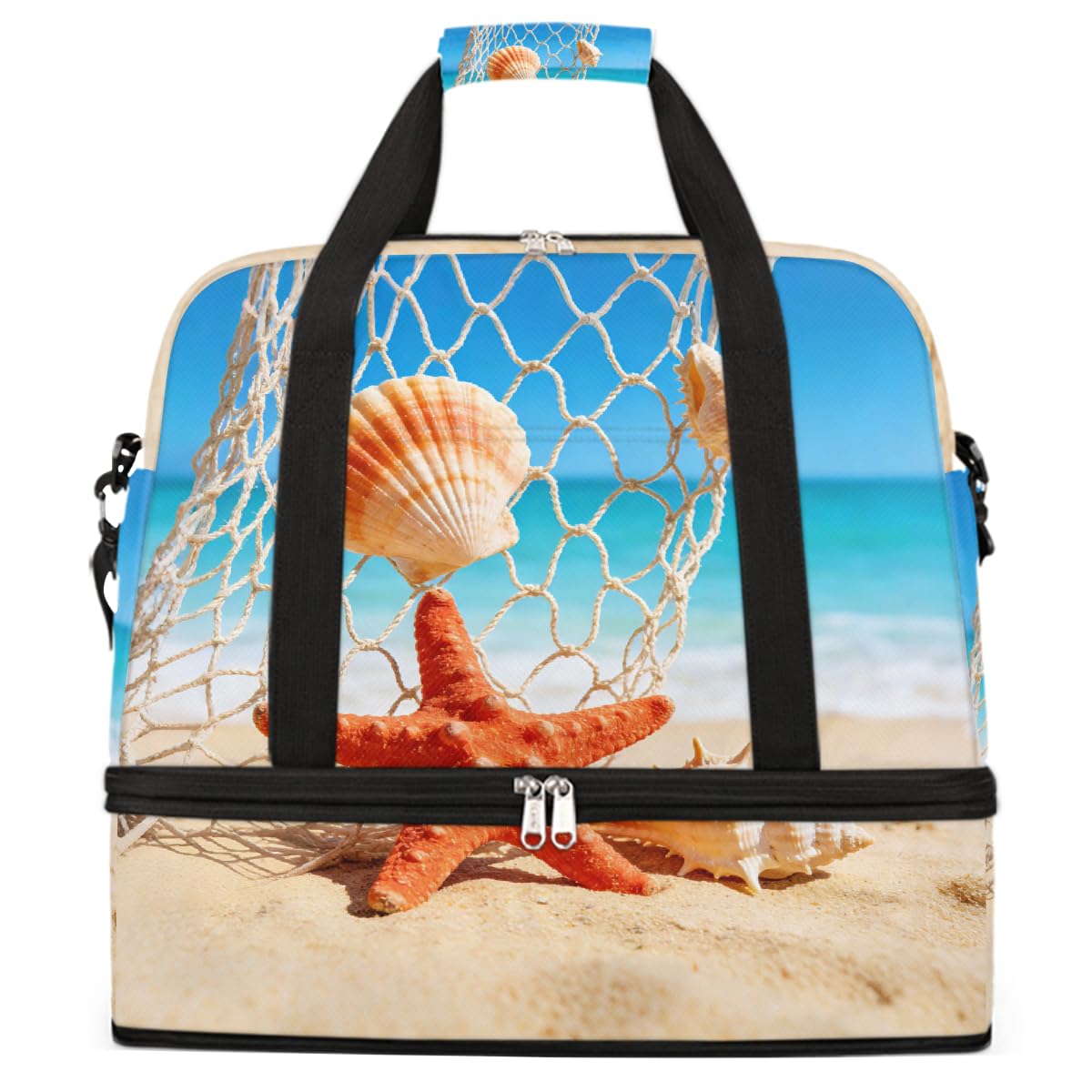 Borsone da viaggio pieghevole estivo da spiaggia, conchiglia, stella marina, borsa da palestra espandibile con scomparto per scarpe, borsa da weekend di grande capacità, borsa da portare a mano per