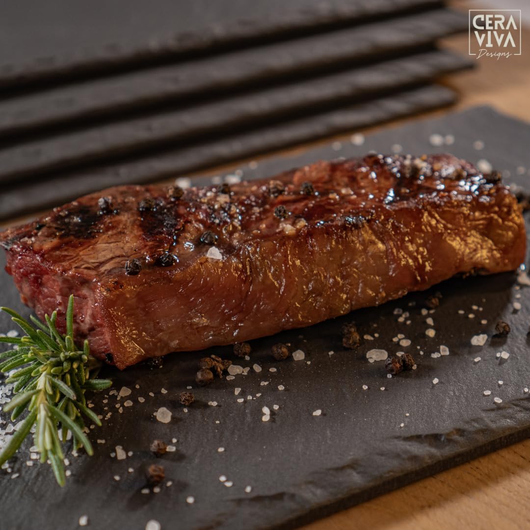 Servier- und Grillplatte aus Keramik in Schieferoptik 28x19cm • 6 teilig in anthrazit • Leichte Reinigbarkeit • Fleckenbeständig • Kratzfest • Spülmaschinenfest • Grillplatte bis 1000°C