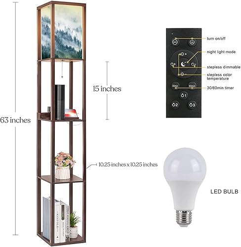 Miniatura 2 de Lámpara de pie con estantes, montañas brumosas, lámpara alta moderna de pie, puertos USB y toma de corriente, lámpara de esquina para mesita de