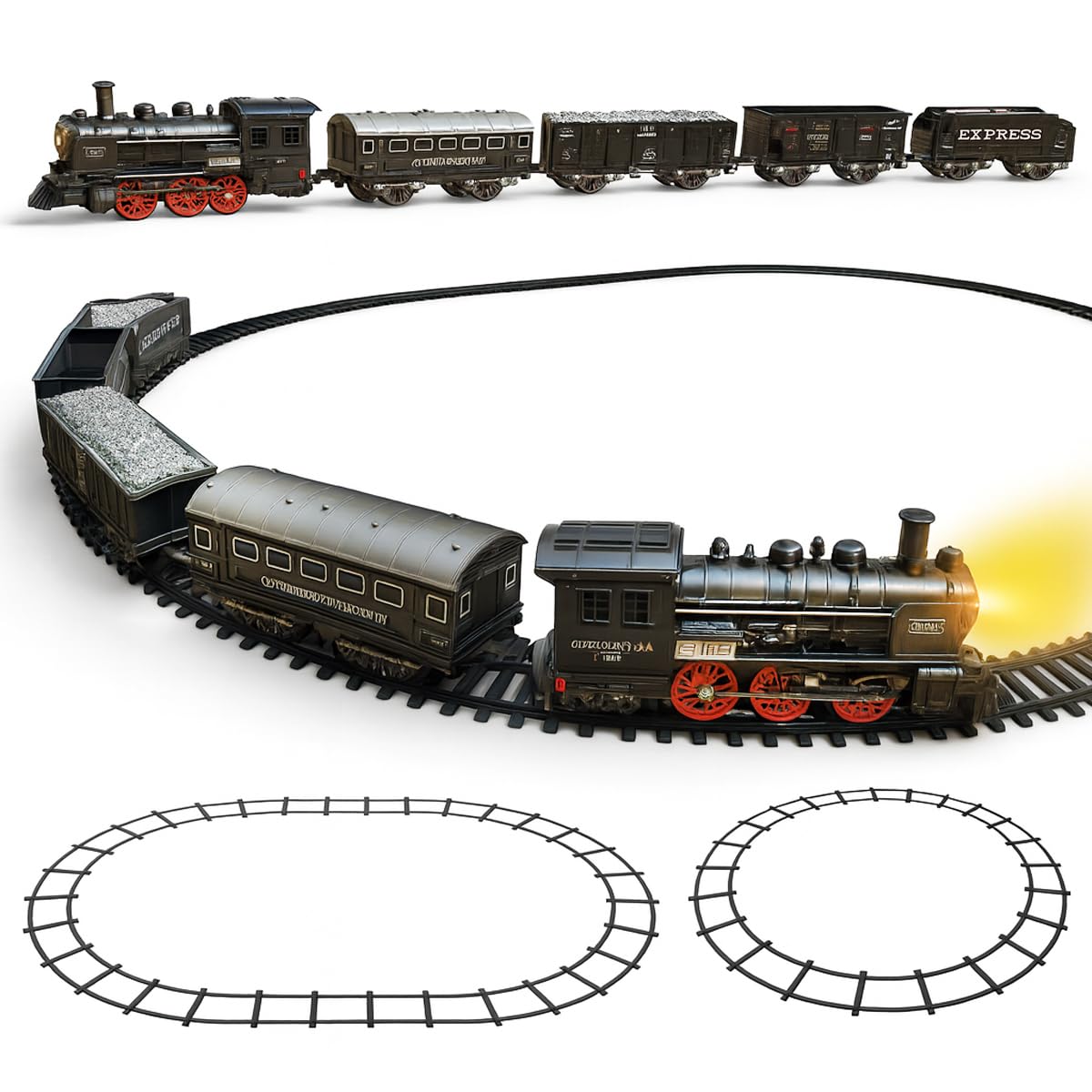 Toyana Electric Train Set for Kids - 19 PCs Classic Railway Toy with Battery Operated Locomotive, Carriages, Tracks & Realistic Lights & Sounds, Railway Model Gift Set for Children 3+ Years