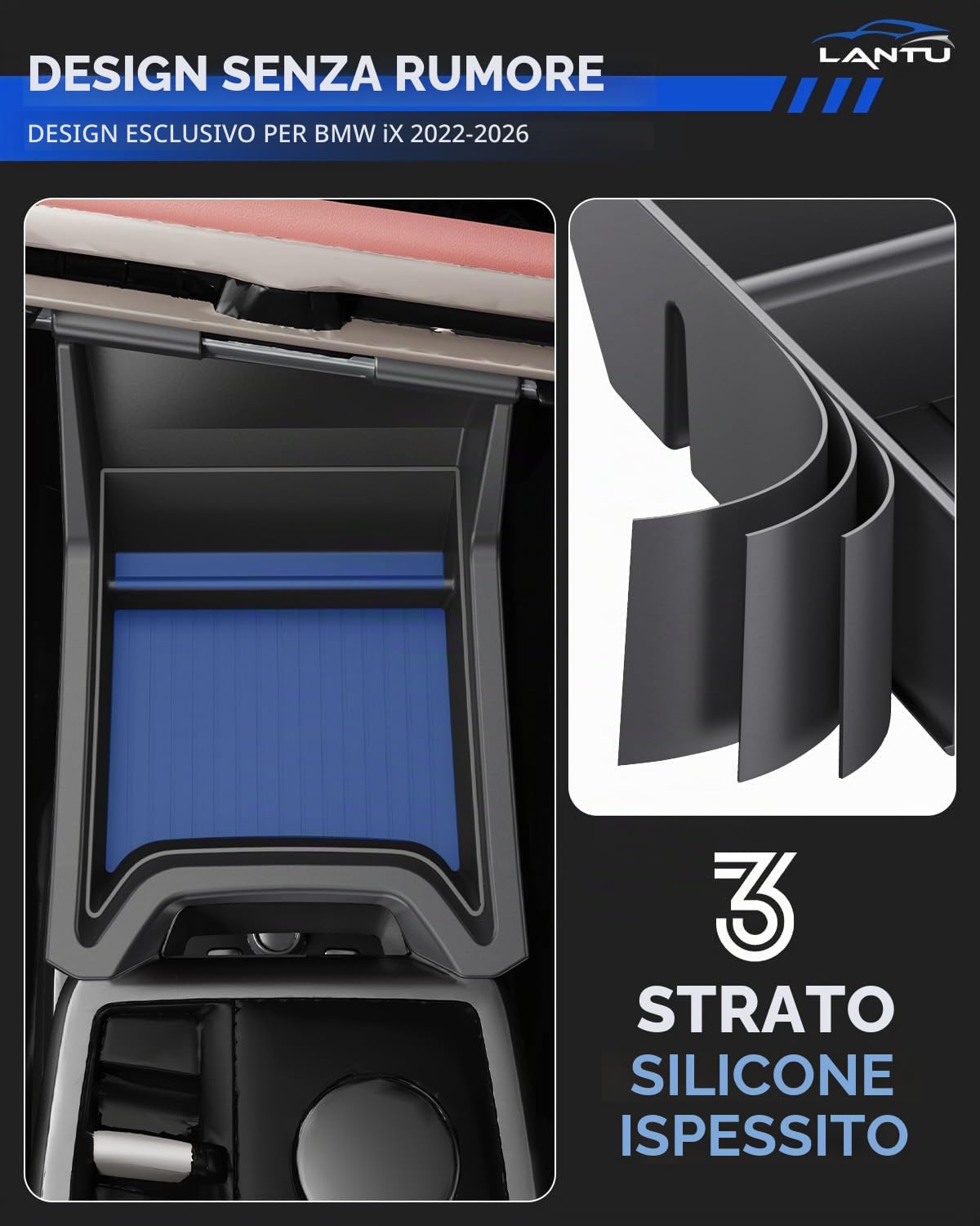 Vassoio Organizzatore per Console Centrale per BMW IX 2022-2026, Scatola Portaoggetti con Anti-Slip Silicone Liquido, Accessorio BMW IX, Design Brevettato (Superiore)
