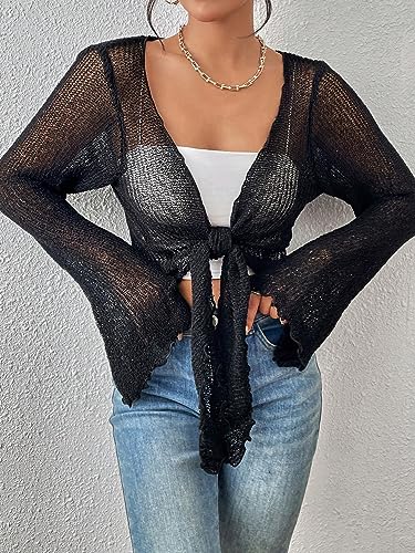 Floerns Women's Summer Bell Long Sleeve Tie Front Knitted Lightweight Cardigan Sweater3