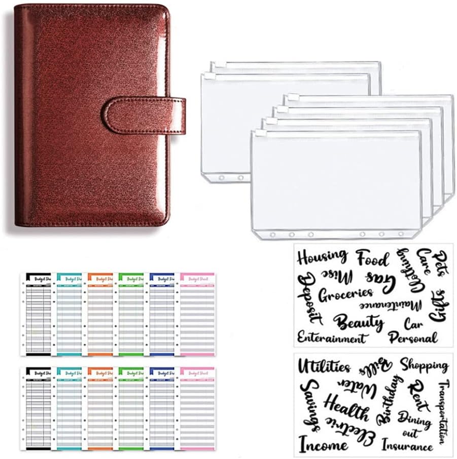 A6 Glitter PU Leather Binder Budget Envelope Planner Organizer System with Clear Zipper Pockets Expense Sheets (Color : 4, Size : 13 * 19 * 4cm) (2 13 * 19 * 4cm)