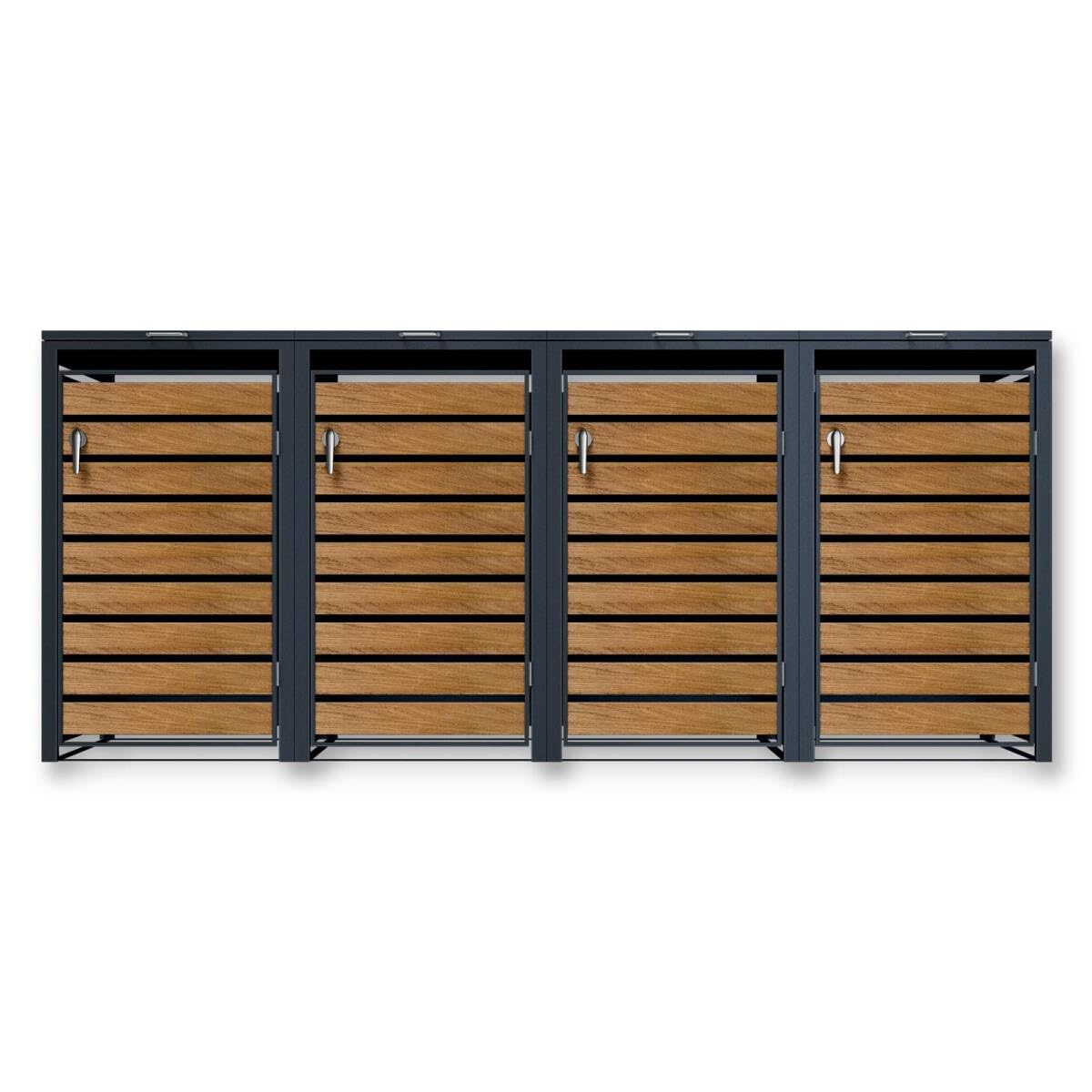 Metzler Mülltonnenbox in Anthrazit & Holzoptik 4er 240L, Mülltonnenverkleidung 4 Tonnen, witterungsbeständiger und pulverbeschichteter Stahl mit Automatikdeckel, Müllbox abschließbar