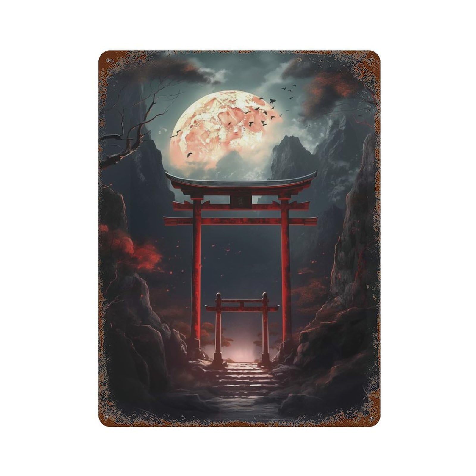 Japanese Fantasy Gate 15.7"x11.8" Distressed Metal Wall Sign, Shabby Chic Decor for Shed, Workshop And Garage Wall Decor