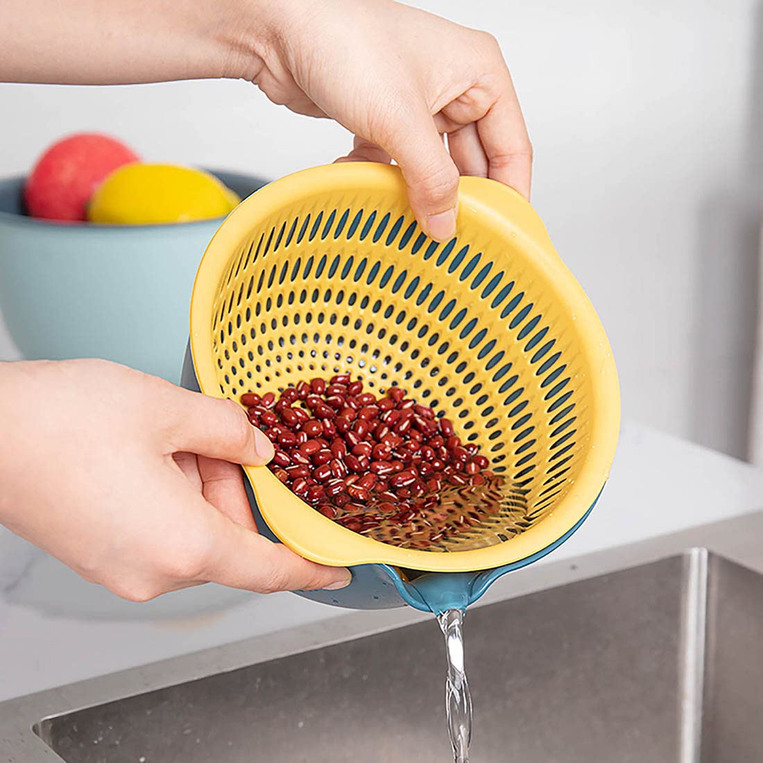 Youka Cestello di Scarico per Scolapasta da Cucina, Set di Ciotole per Scolapasta 2-in-1, Plastica PP Senza BPA Doppio Strato Staccabile per Lavare Verdure e Frutta