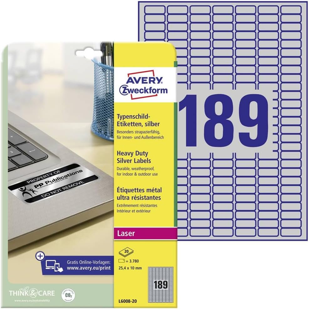 Avery L6008-20 Extra-Strong Adhesive, Tamperproof, Heavy Duty Labels, 189 Labels Per A4 Sheet - Silver, 25.4 x 10 millimetres