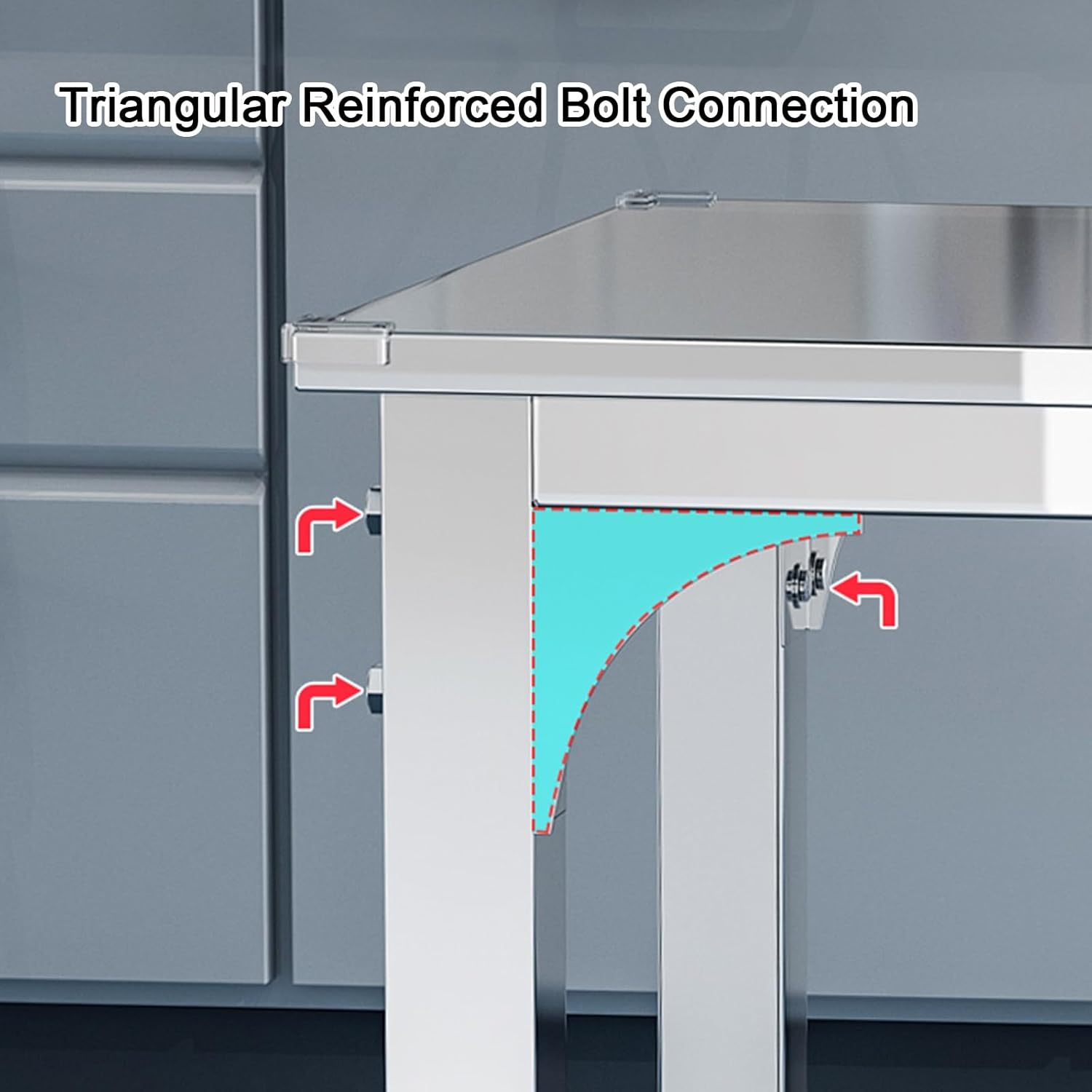 Heavy-Duty Stainless Steel Table Laboratory Work Tables Reinforced Columns Triangular Bolted Connections Thickened Worktop Commercial Adjustable Feet High Load Capacitility