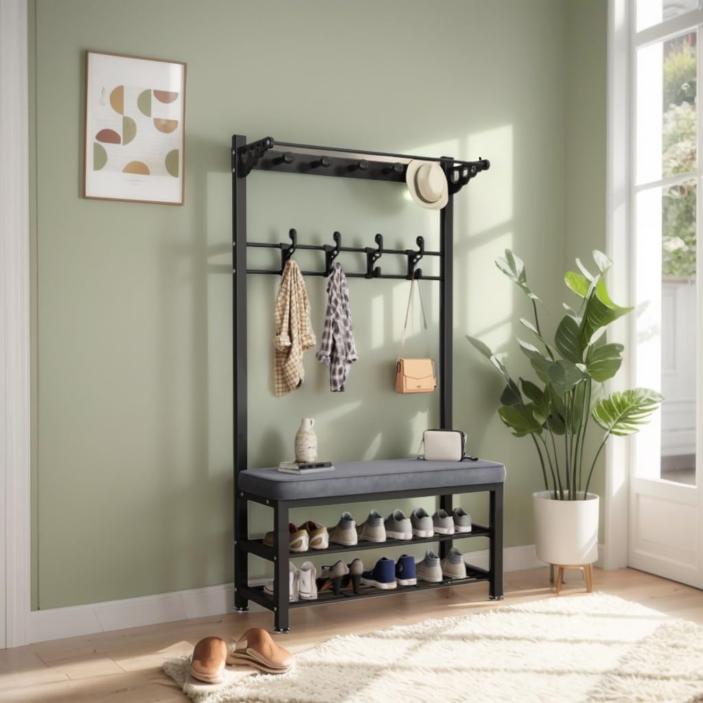 MSHGSKU Entryway Coat Rack Bench with 2 Tier Shoe Shelf for Coats Hats Black 80cm Stylish Hallway Storage nizer Space Saving Design for Home Décor