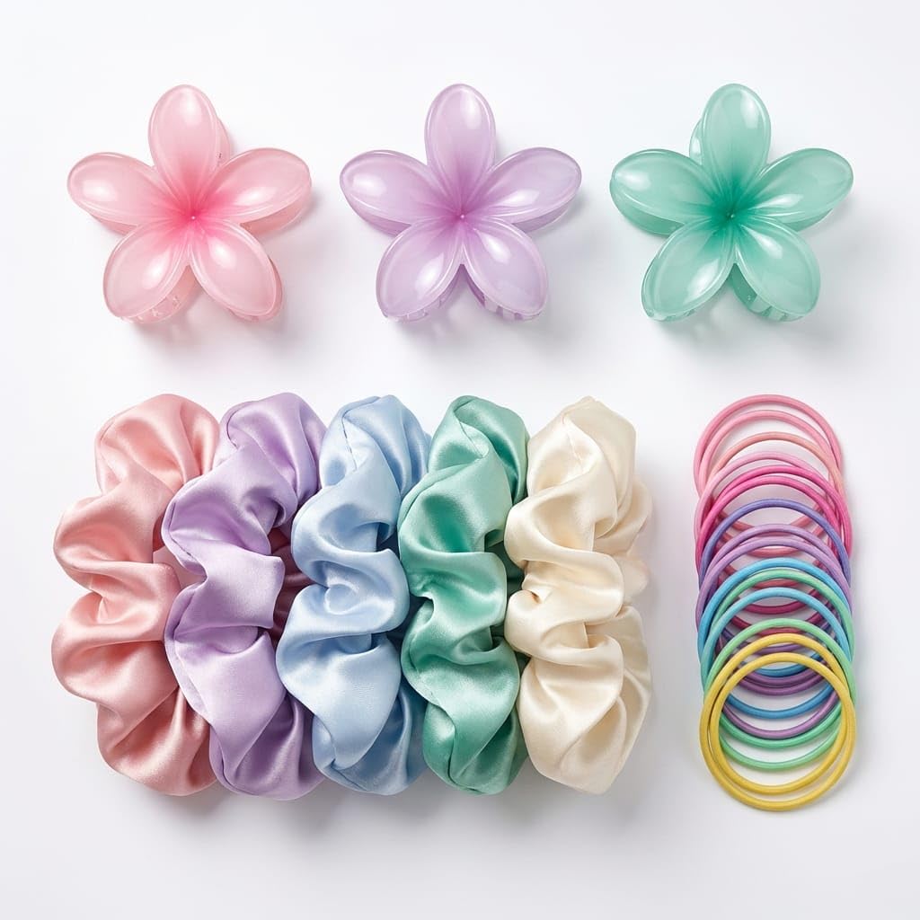Women Hair Accessories Combo Set – Claw Clips, Satin Scrunchies & Hair Bands (Pack of 20) | Cute Korean Style Multicolor Hair Styling Kit for Girls