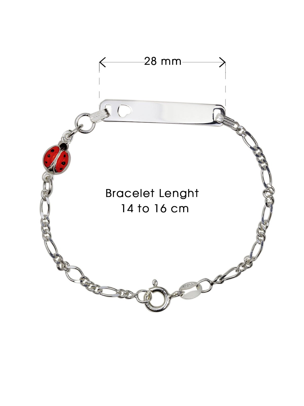 Aka Gioielli® - Pulsera Placa Identificativa con Nombre Plata de Ley 925 con Mariquita Esmaltada, Regalos Bautizo y Comunión para Niña y Bebé