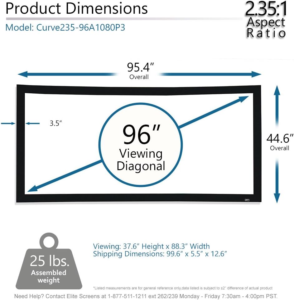 Elite Screens Lunette Series, 96-inch Diagonal 2.35:1, Sound Transparent Perforated Weave Curved Home Theater Fixed Frame Projector Screen, CURVE235-96A1080P3