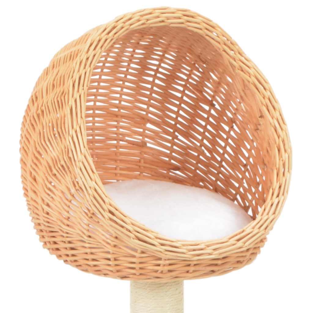 Albero per gatti realizzato a mano in legno naturale con corda in sisal, 2 cestini in vimini e cuscini rimovibili per affilare gli artigli, arrampicarsi e rilassarsi, design compatto