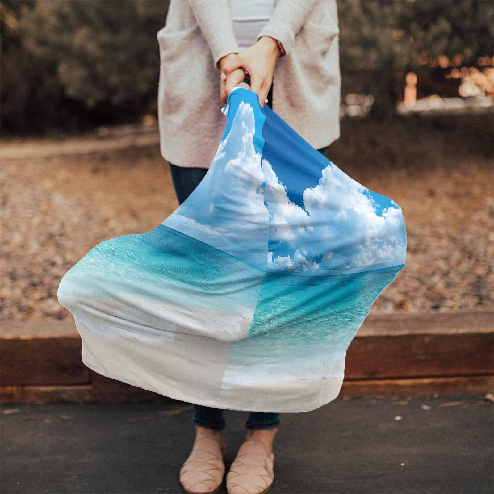 Turquoise Beige Coastal Nursing Cover for Breastfeeding Scarf, Summer Beach Sky Realistic Scenery Baby Car Covers Super Soft Multi Use for Canopy Shopping Cart Cover Blanket Stroller Cover