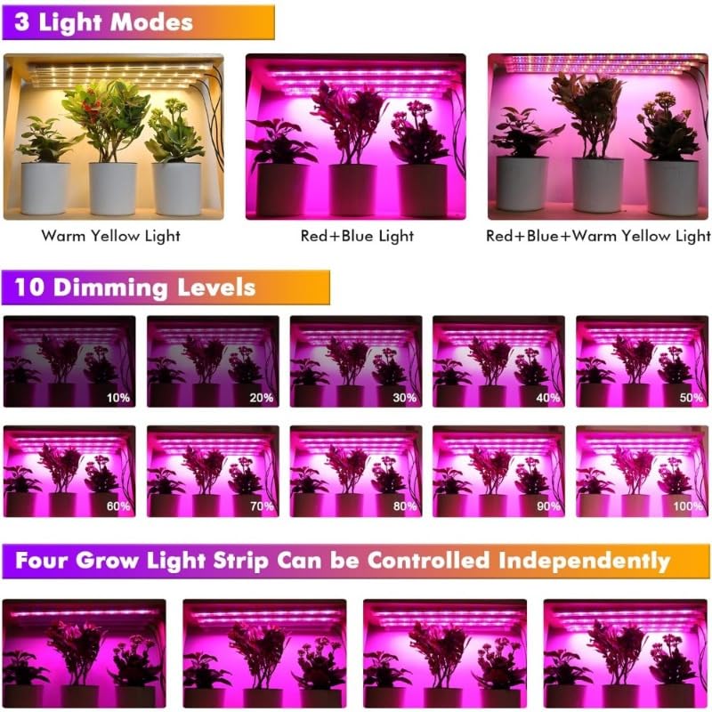Lampara para Plantas, Paquete de 4 tiras luces for cultivo plantas, lámpara LED for interior, for espectro completo con temporizador encendido/apagado automático, 10 regulables