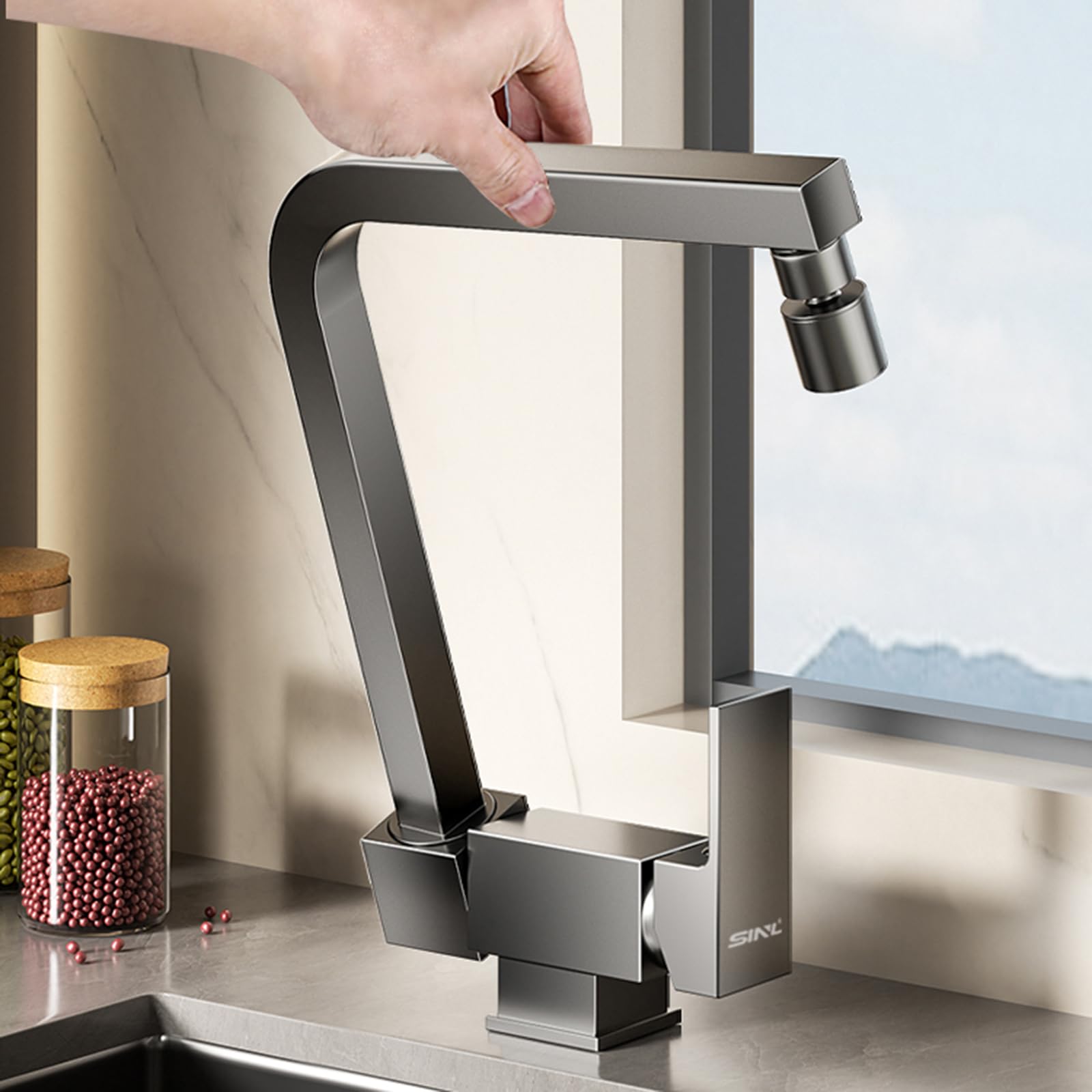 XJTNLB Grifo Cocina Plegable Bajo Ventana Cepillado Grifo Monomando de Cocina Plegable Grifo Cocina Abatible Mezclador Agua Fria Caliente-Modo Dual