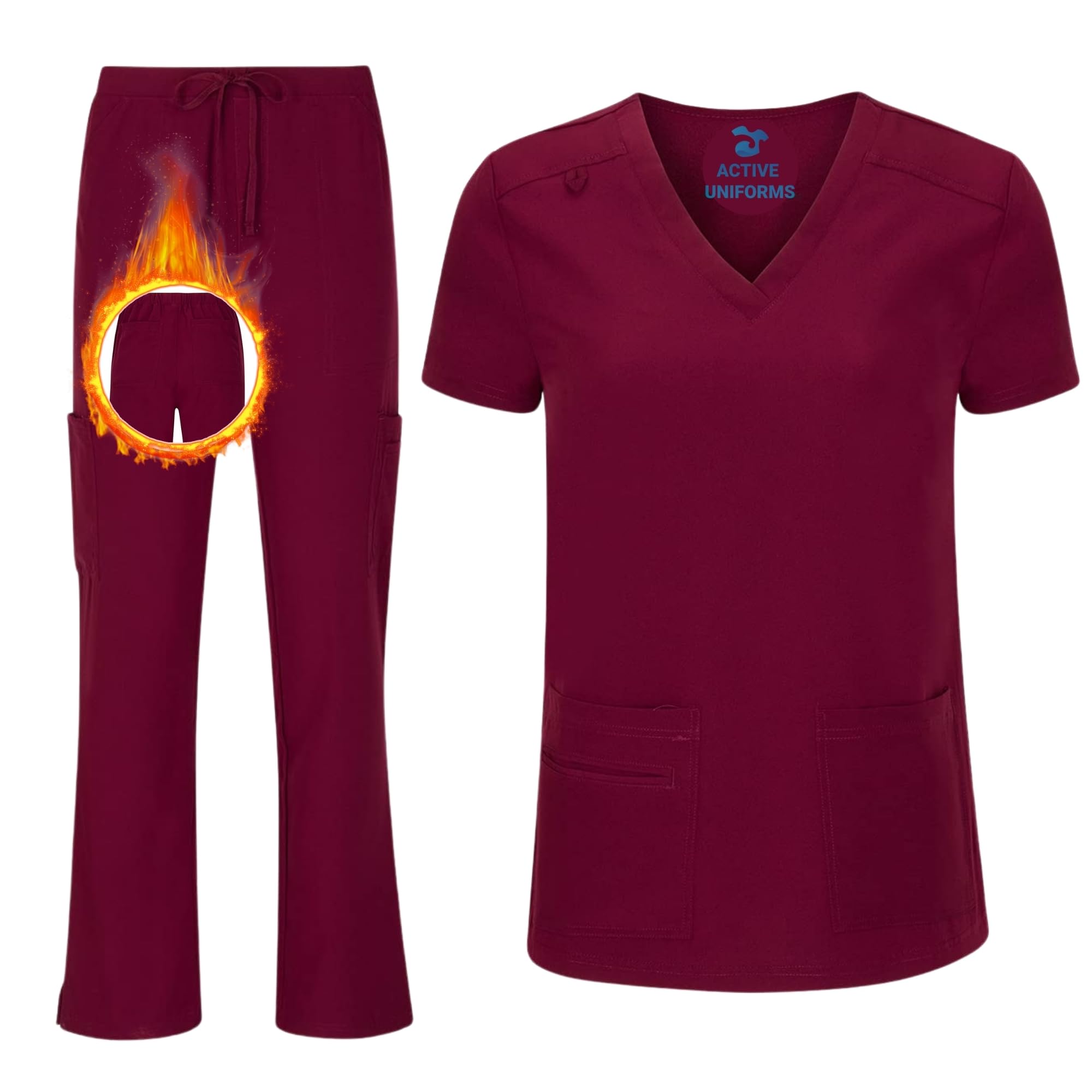 ACTIVE UNIFORMS Women's V-Neck Petite Size Scrub Set Cool Stretch Scrub Top and Cargo Pant Set (Burgundy, Large-Petite)