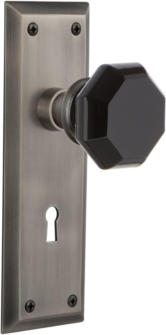 Nostalgic Warehouse 722972 New York Plate Waldorf Black Door Knob in Oil-Rubbed Bronze, Single Dummy with Keyhole