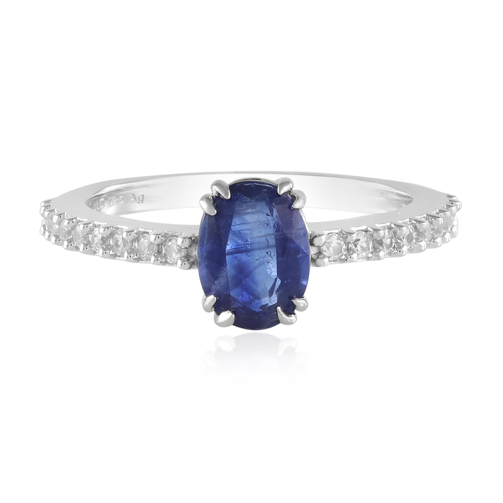 Cavill Kyanit Ring Silber 925 Platinierter Ovalschnitt 1,364 ct mit 18 Zirkonen Rundschliff, Moderner Silberring mit mittlerem Band und klarem Funkeln