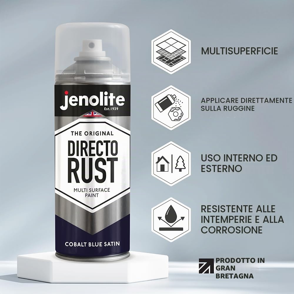 JENOLITE Directorust Blu Cobalto Satinato | Vernice spray multisuperficie | Per l'uso su legno, metallo, plastica, ceramica e superfici arrugginite | 3 x 400ml (RAL 5013)