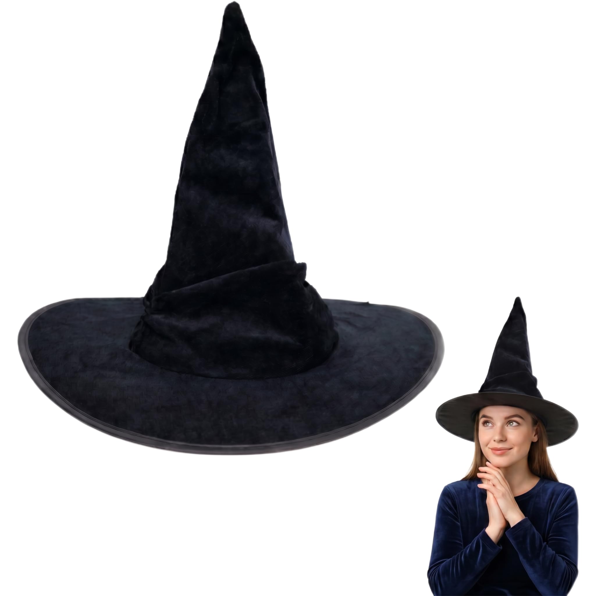 Yizzen Witch Hat, Witches Hat, Adult Wizard Hats, Black Accessories, Halloween Costume for Women Men, Crumpled Velvet Cosplay Decorations, Wide Brim Pointed Head Decor, Fancy Dress Party (Black1)
