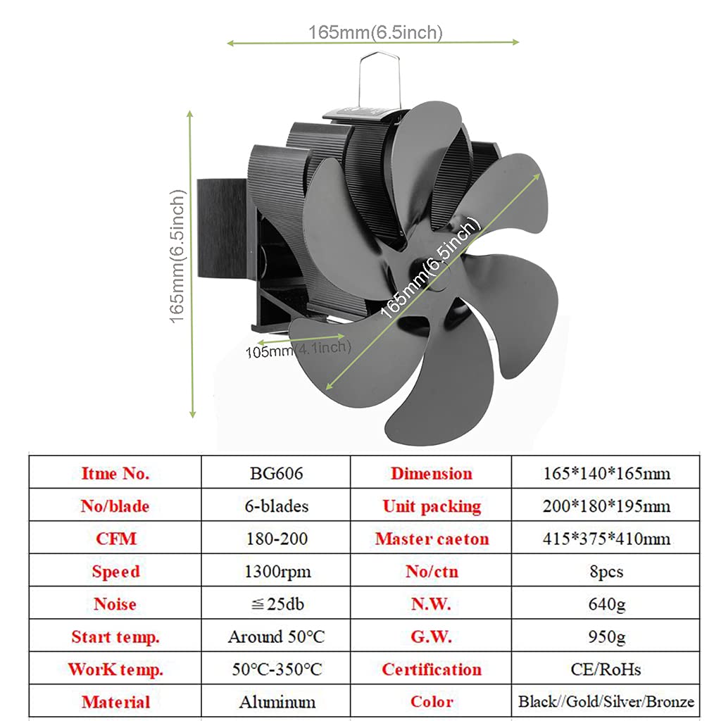 Ventilador eficiente para hogar, 6 aspas para estufa de leña, pellets de, distribución de calor, chimenea silenciosa