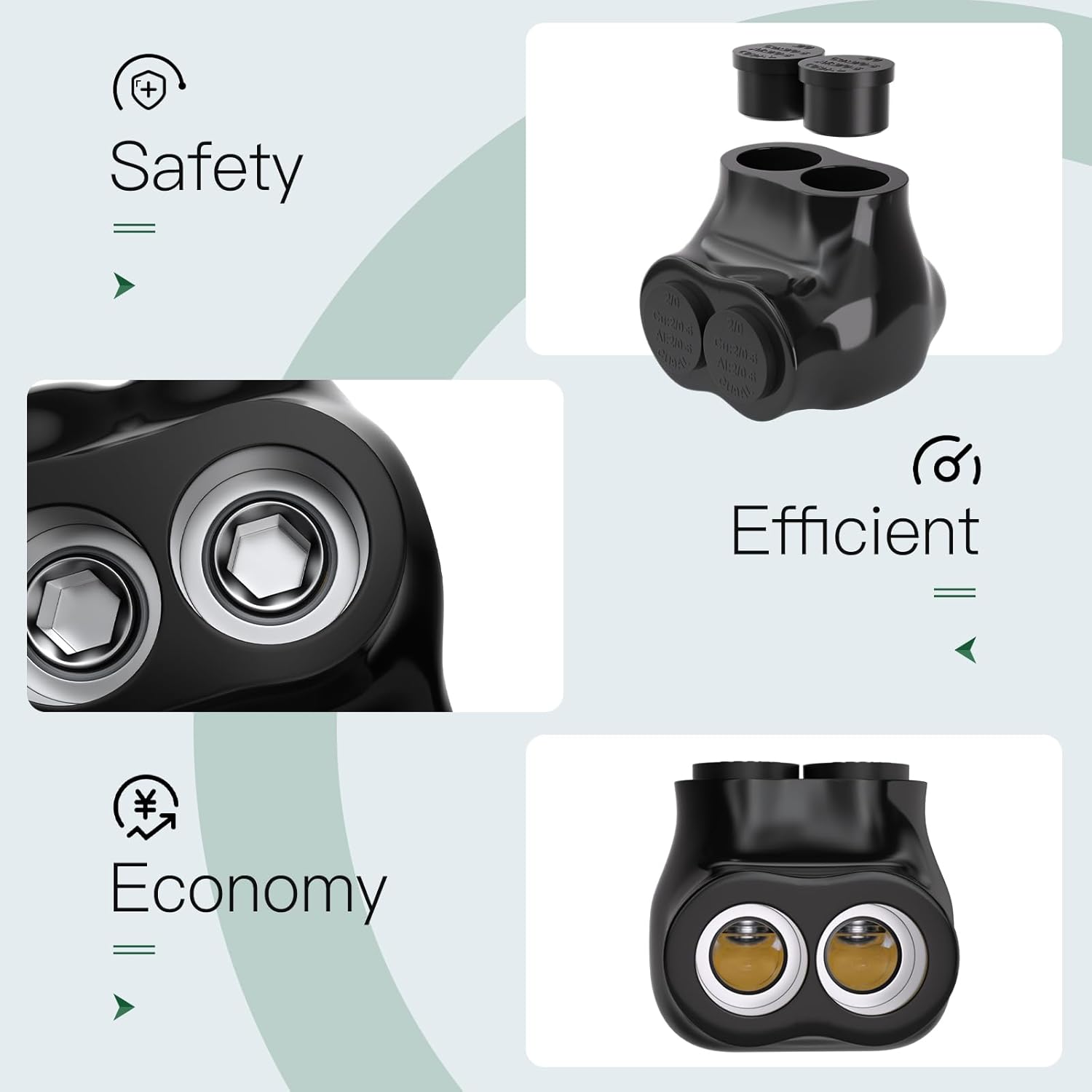6PCS 2Port Single-Sided Entry Insulated Multi Tap Connector 2/0-6 AWG, Electrical Splice Connector, Black Vinyl Coated, Dual-Rated for Copper and Aluminum Wires