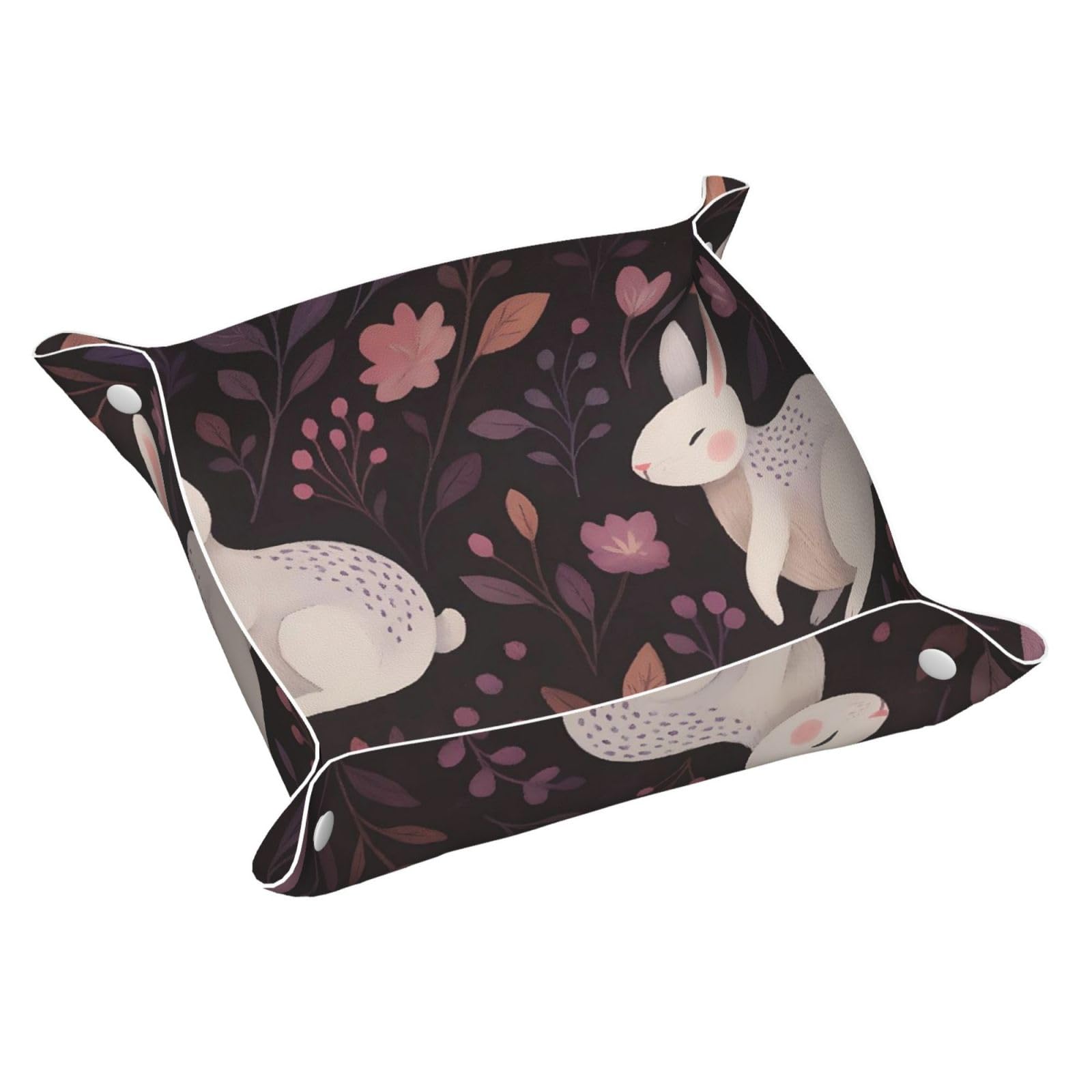 HLBSDM Cute White Bunny & Vintage Flowers Tray Men's Leather Valet Parking Portable Entrance Trays Bedside Storage Box