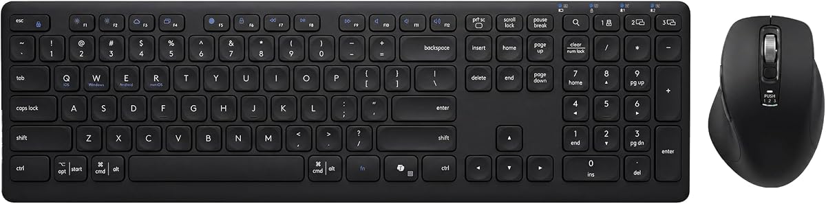 Combinación de teclado y mouse inalámbricos, multidispositivo, silencioso (negro) | Conecte 3 dispositivos mediante Bluetooth y USB, con escritura silenciosa, un mouse con desplazamiento en 4 direcciones y batería de larga duración